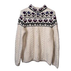 Lands End Womens Nordic Floral Knit Sweater M Cotton/Wool Blend Ivory/Purple
